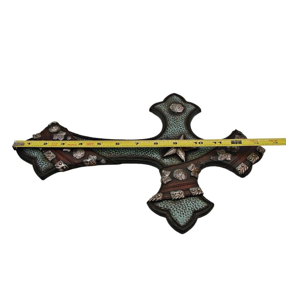 Rustic Western Boho Cross Decor Triple Silver Star Turquoise Faux Leather 13" - Picture 10 of 12